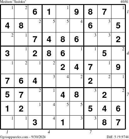 The grouppuzzles.com Medium Sudoku puzzle for Monday September 30, 2024 with all 5 steps marked