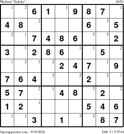 The grouppuzzles.com Medium Sudoku puzzle for Monday September 30, 2024 with the first 3 steps marked