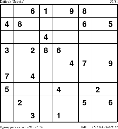 The grouppuzzles.com Difficult Sudoku puzzle for Monday September 30, 2024