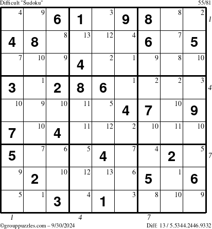 The grouppuzzles.com Difficult Sudoku puzzle for Monday September 30, 2024 with all 13 steps marked