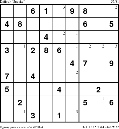 The grouppuzzles.com Difficult Sudoku puzzle for Monday September 30, 2024 with the first 3 steps marked