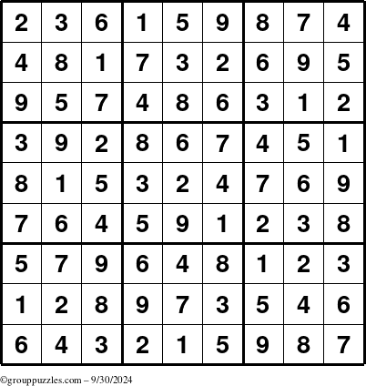 The grouppuzzles.com Answer grid for the Sudoku puzzle for Monday September 30, 2024