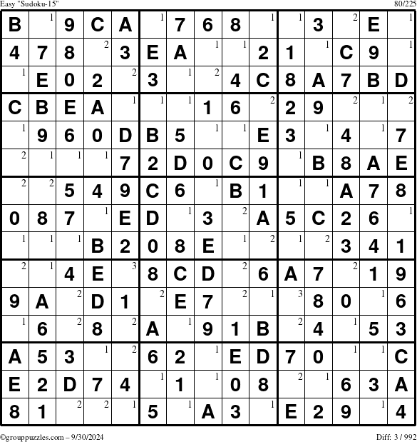 The grouppuzzles.com Easy Sudoku-15 puzzle for Monday September 30, 2024 with the first 3 steps marked