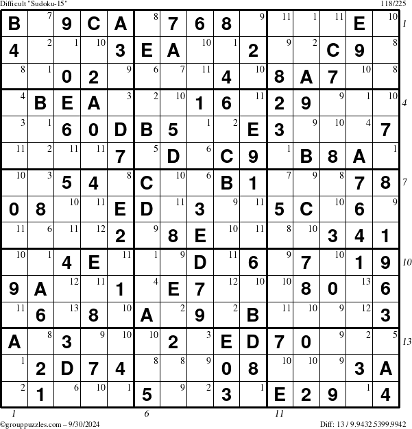 The grouppuzzles.com Difficult Sudoku-15 puzzle for Monday September 30, 2024 with all 13 steps marked