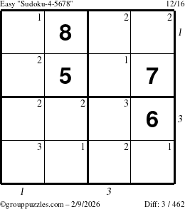 The grouppuzzles.com Easy Sudoku-4-5678 puzzle for Monday February 9, 2026, suitable for printing, with all 3 steps marked