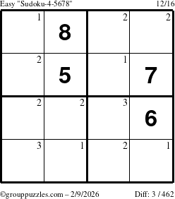 The grouppuzzles.com Easy Sudoku-4-5678 puzzle for Monday February 9, 2026 with the first 3 steps marked