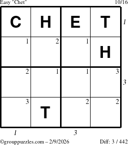 The grouppuzzles.com Easy Chet puzzle for Monday February 9, 2026 with all 3 steps marked