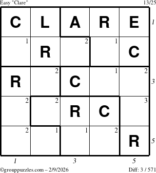 The grouppuzzles.com Easy Clare puzzle for Monday February 9, 2026, suitable for printing, with all 3 steps marked