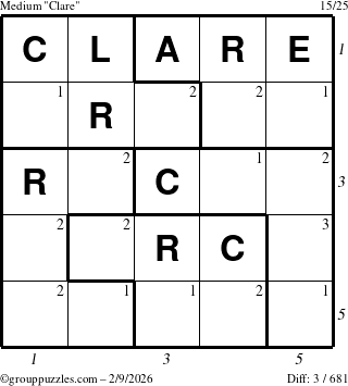 The grouppuzzles.com Medium Clare puzzle for Monday February 9, 2026 with all 3 steps marked