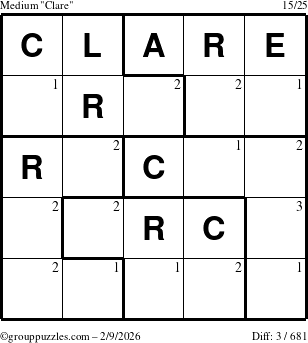 The grouppuzzles.com Medium Clare puzzle for Monday February 9, 2026 with the first 3 steps marked