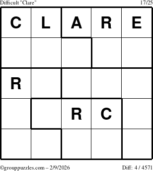 The grouppuzzles.com Difficult Clare puzzle for Monday February 9, 2026