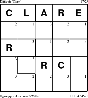 The grouppuzzles.com Difficult Clare puzzle for Monday February 9, 2026 with the first 3 steps marked