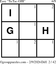 The grouppuzzles.com Easy TicTac-GHI puzzle for Monday February 9, 2026 with the first 2 steps marked