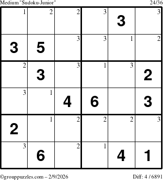 The grouppuzzles.com Medium Sudoku-Junior puzzle for Monday February 9, 2026 with the first 3 steps marked