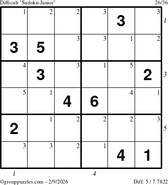 The grouppuzzles.com Difficult Sudoku-Junior puzzle for Monday February 9, 2026, suitable for printing, with all 5 steps marked