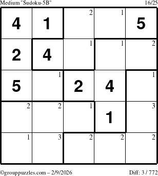 The grouppuzzles.com Medium Sudoku-5B puzzle for Monday February 9, 2026 with the first 3 steps marked