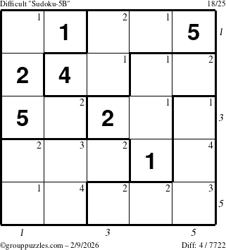 The grouppuzzles.com Difficult Sudoku-5B puzzle for Monday February 9, 2026 with all 4 steps marked