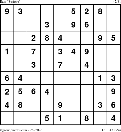 The grouppuzzles.com Easy Sudoku puzzle for Monday February 9, 2026