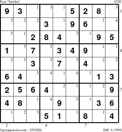 The grouppuzzles.com Easy Sudoku puzzle for Monday February 9, 2026, suitable for printing, with all 4 steps marked