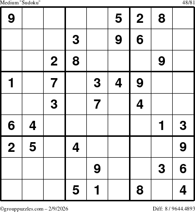 The grouppuzzles.com Medium Sudoku puzzle for Monday February 9, 2026