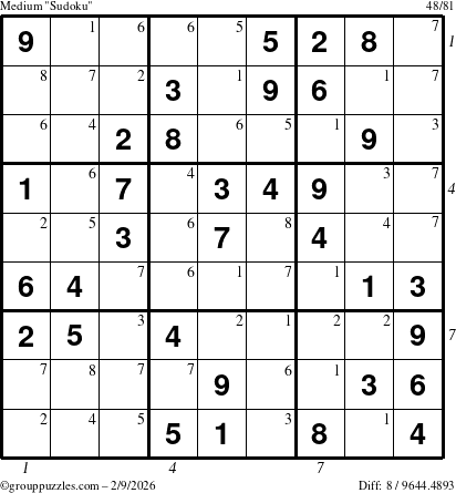 The grouppuzzles.com Medium Sudoku puzzle for Monday February 9, 2026 with all 8 steps marked