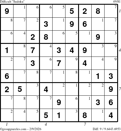 The grouppuzzles.com Difficult Sudoku puzzle for Monday February 9, 2026 with all 9 steps marked