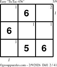 The grouppuzzles.com Easy TicTac-456 puzzle for Monday February 9, 2026 with all 2 steps marked