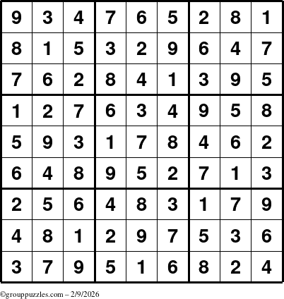 The grouppuzzles.com Answer grid for the Sudoku puzzle for Monday February 9, 2026