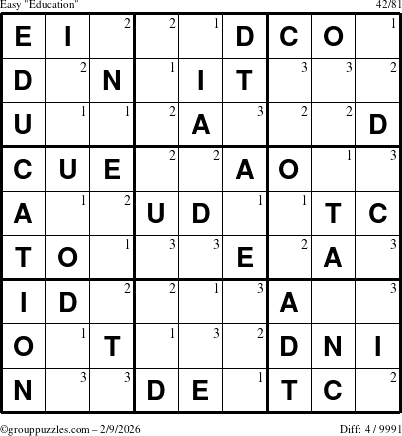 The grouppuzzles.com Easy Education-c1 puzzle for Monday February 9, 2026 with the first 3 steps marked