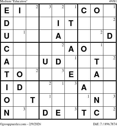 The grouppuzzles.com Medium Education-c1 puzzle for Monday February 9, 2026 with the first 3 steps marked