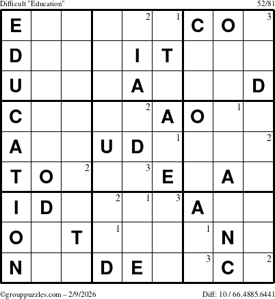 The grouppuzzles.com Difficult Education-c1 puzzle for Monday February 9, 2026 with the first 3 steps marked
