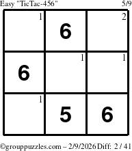 The grouppuzzles.com Easy TicTac-456 puzzle for Monday February 9, 2026 with the first 2 steps marked