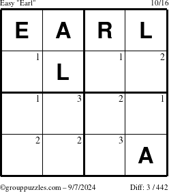 The grouppuzzles.com Easy Earl puzzle for Saturday September 7, 2024 with the first 3 steps marked