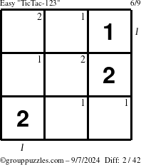 The grouppuzzles.com Easy TicTac-123 puzzle for Saturday September 7, 2024 with all 2 steps marked