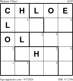 The grouppuzzles.com Medium Chloe puzzle for Saturday September 7, 2024 with the first 3 steps marked