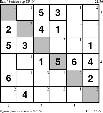 The grouppuzzles.com Easy Sudoku-6up-UR-D puzzle for Saturday September 7, 2024 with all 3 steps marked