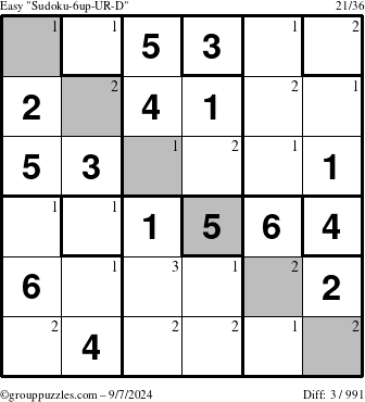 The grouppuzzles.com Easy Sudoku-6up-UR-D puzzle for Saturday September 7, 2024 with the first 3 steps marked