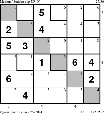 The grouppuzzles.com Medium Sudoku-6up-UR-D puzzle for Saturday September 7, 2024, suitable for printing, with all 6 steps marked