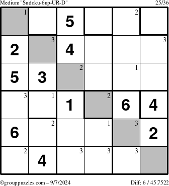 The grouppuzzles.com Medium Sudoku-6up-UR-D puzzle for Saturday September 7, 2024 with the first 3 steps marked