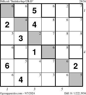 The grouppuzzles.com Difficult Sudoku-6up-UR-D puzzle for Saturday September 7, 2024 with all 8 steps marked