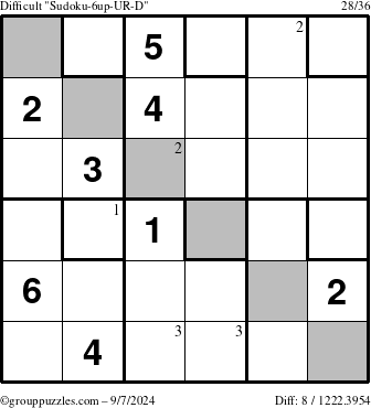 The grouppuzzles.com Difficult Sudoku-6up-UR-D puzzle for Saturday September 7, 2024 with the first 3 steps marked