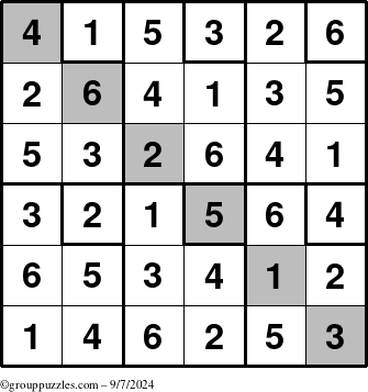 The grouppuzzles.com Answer grid for the Sudoku-6up-UR-D puzzle for Saturday September 7, 2024