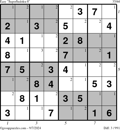 The grouppuzzles.com Easy SuperSudoku-8 puzzle for Saturday September 7, 2024, suitable for printing, with all 3 steps marked