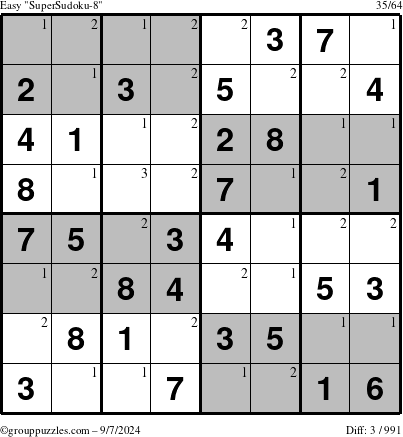 The grouppuzzles.com Easy SuperSudoku-8 puzzle for Saturday September 7, 2024 with the first 3 steps marked