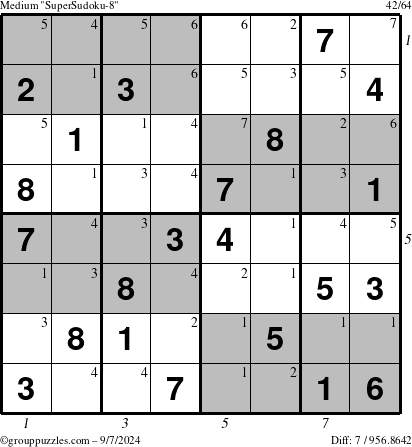 The grouppuzzles.com Medium SuperSudoku-8 puzzle for Saturday September 7, 2024 with all 7 steps marked