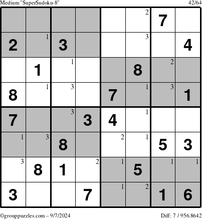 The grouppuzzles.com Medium SuperSudoku-8 puzzle for Saturday September 7, 2024 with the first 3 steps marked