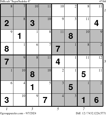 The grouppuzzles.com Difficult SuperSudoku-8 puzzle for Saturday September 7, 2024 with all 12 steps marked