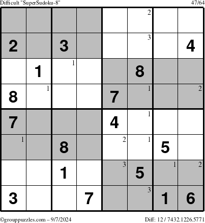 The grouppuzzles.com Difficult SuperSudoku-8 puzzle for Saturday September 7, 2024 with the first 3 steps marked