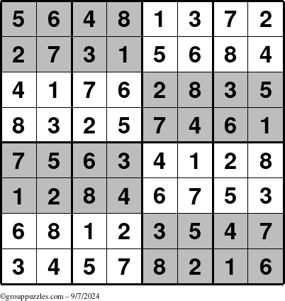 The grouppuzzles.com Answer grid for the SuperSudoku-8 puzzle for Saturday September 7, 2024