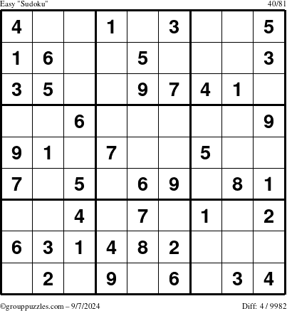 The grouppuzzles.com Easy Sudoku puzzle for Saturday September 7, 2024